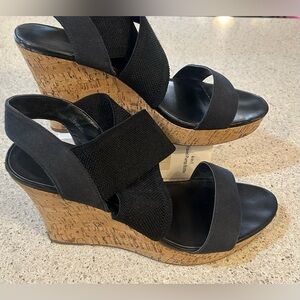 Charles David Black and Tan Wedge Sandals